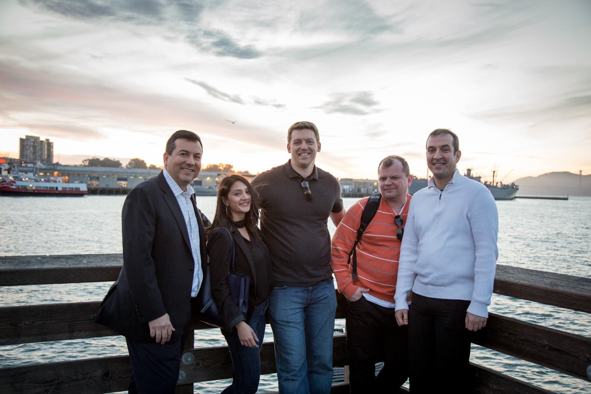 Image of Alex Viloria, Maeesha Patel, Jonathan Buma, Matthew Manasterski and Brank Zdravkovic at Fisherman's Wharf in San Francisco, California.