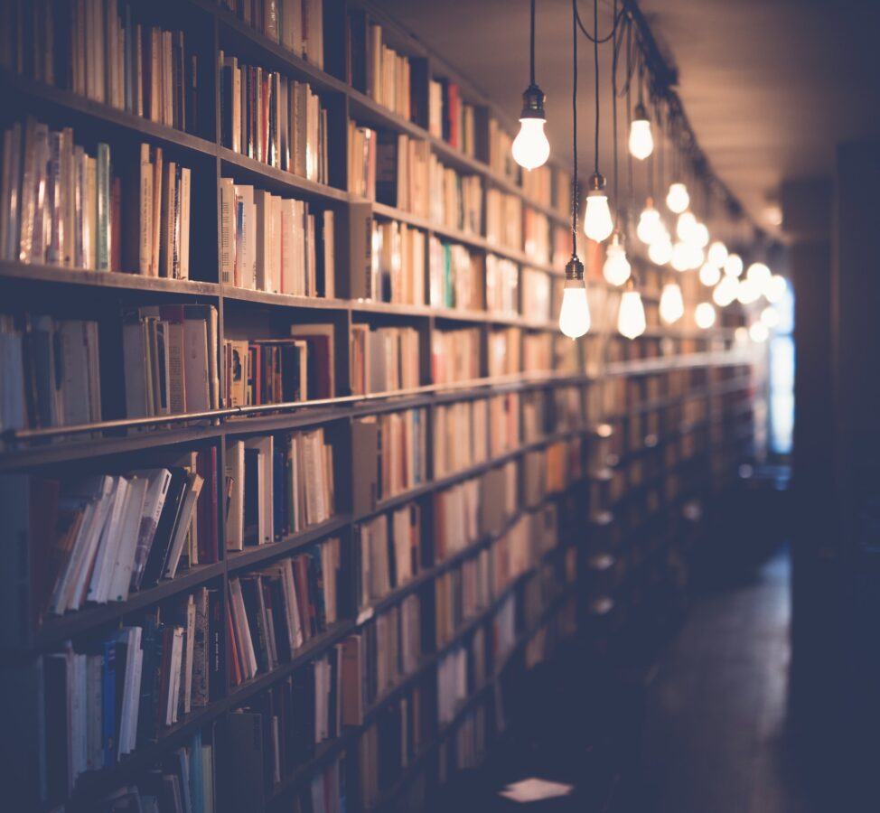 Library with hanging light bulbs