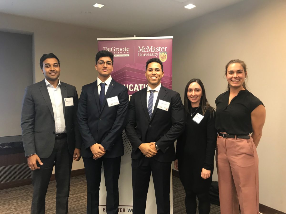 Image of Anton Suphal, director, product strategy; Talha Jahan, DeGroote business student; Mebby Mengele, DeGroote business student; Sarah Balaban, recruiter, early talent acquisition; and Mairi Cote, manager, early talent programs.