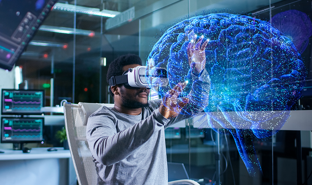 Laboratory Scientist Wearing Virtual Reality Headset Sitting in a Chair Using Futuristic Holographic Interface