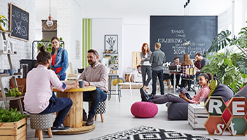 Laid back break room with diverse people