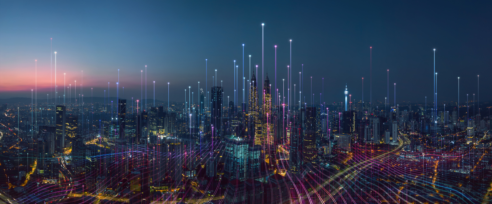 Smart city and abstract dot point connect with gradient line and aesthetic Intricate wave line design , big data connection technology concept .