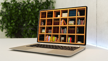 (Digital literacy) Laptop with online library deep of field realistic 3D rendering