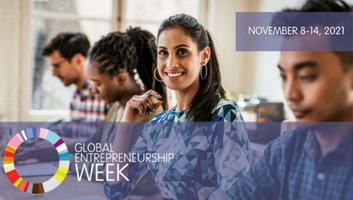 Four people sitting and smiling with caption Global Entrepreneurship Week November 8-14 in white text on a purple background