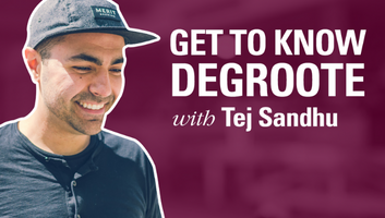 Photo of Tej Sandhu smiling with the caption Get to Know DeGroote with Tej Sandhu
