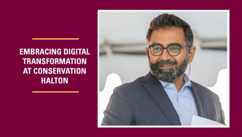 Photo of Hassaan Basit smiling with caption "embracing digital transformation at conservation halton"