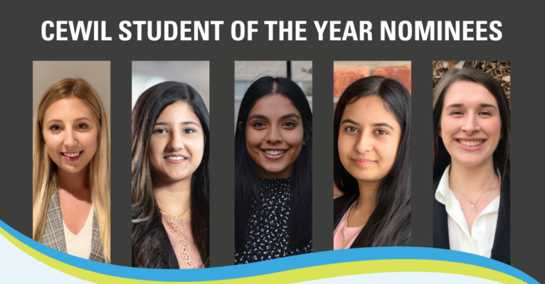 Photo of smiling female students on a dark grey background with captions CEWIL Student of the Year Nominees