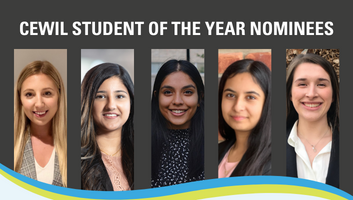 Photo of smiling female students on a dark grey background with captions CEWIL Student of the Year Nominees