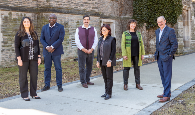 This landmark initiative was borne out of a community collaboration led by McMaster’s Committee on Students and Scholars in Crisis (CSSC). Pictured above are CSSC members, from left to right: Hila Taraky; Bonny Ibhawoh, director, Centre for Human Rights and Restorative Justice; Yar Taraky; Marufa Shinwari; Karen Balcom, associate professor, School of Social Work; and Peter Mascher, vice-provost, International Affairs, and chair of the CSSC.