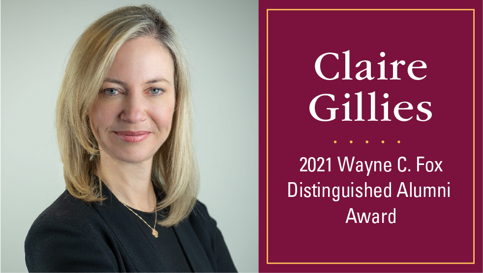 Photo of DeGroote School of Business alumna Claire Gillies looking forward with a grey background and text that reads "Claire Gillies, Class of MBA '01, 2021 Wayne C. Fox Distinguished Alumni Award"