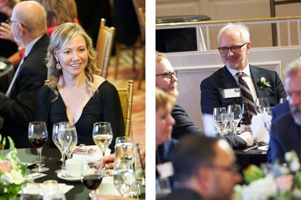 Images of Wayne C. Fox Awards recipients enjoying dinner at the event. On the left is Claire Gilles and one the right is Paul McLean.