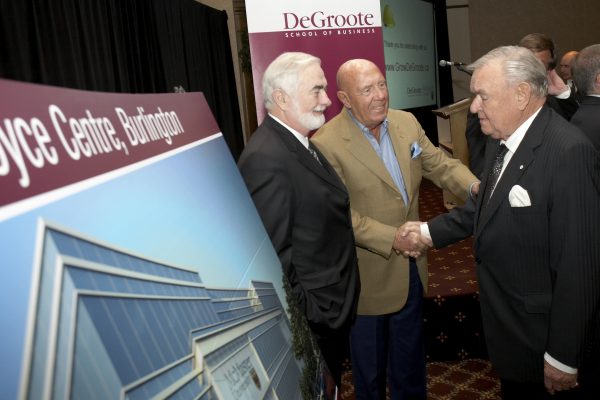 Michael G. DeGroote and McMaster leadership at the unveiling for the Ron Joyce Centre Campus in Burlington