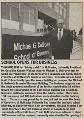 1992 newspaper clipping with announcement that Faculty of Business is renamed DeGroote School of Business, becoming the first named business school in Canada