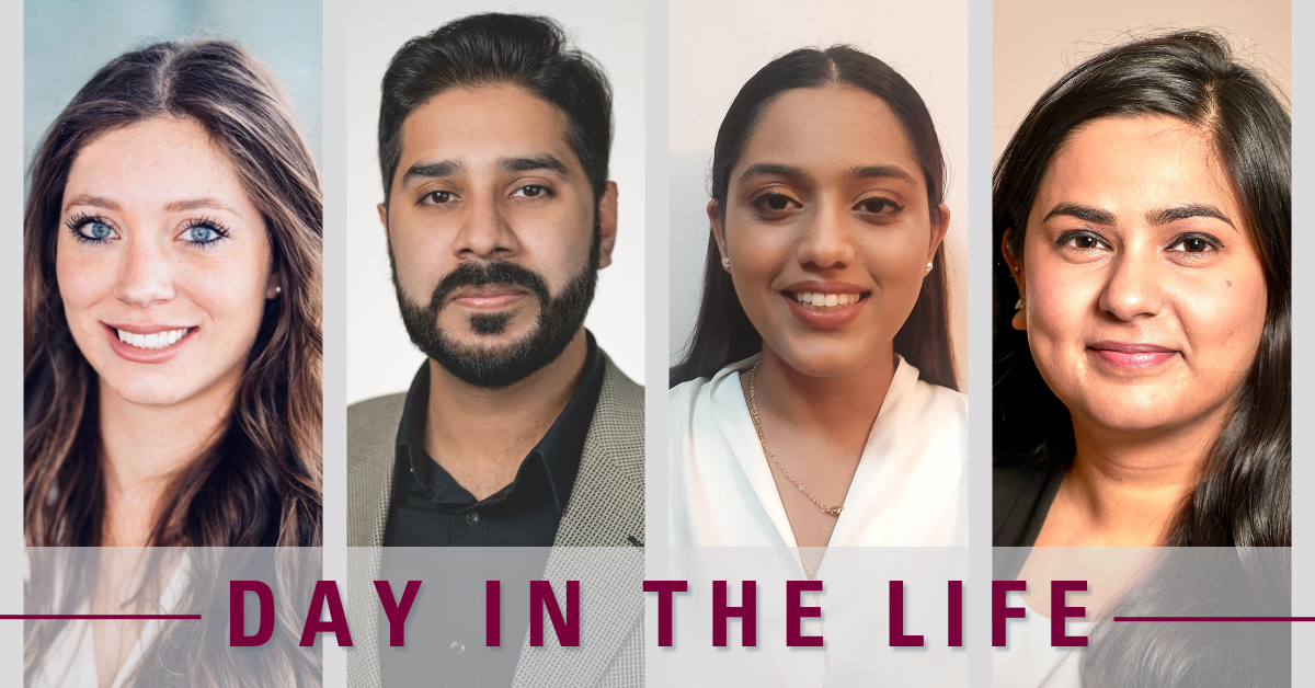 Headshots of 3 female and 1 male student looking at the camera with text that reads "Day in the Life"