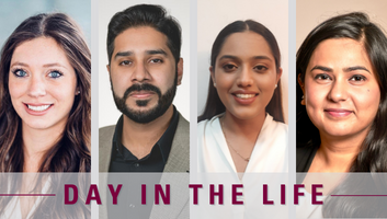 Headshots of 3 female and 1 male student looking at the camera with text that reads "Day in the Life"