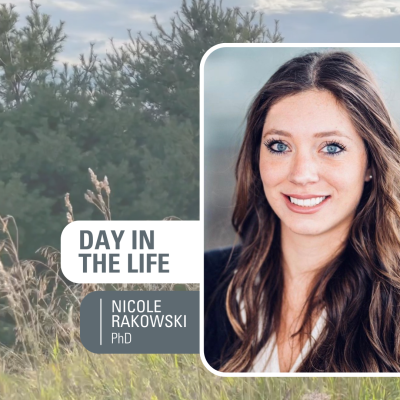 Headshots of 3 female and 1 male student looking at the camera with text that reads "Day in the Life"