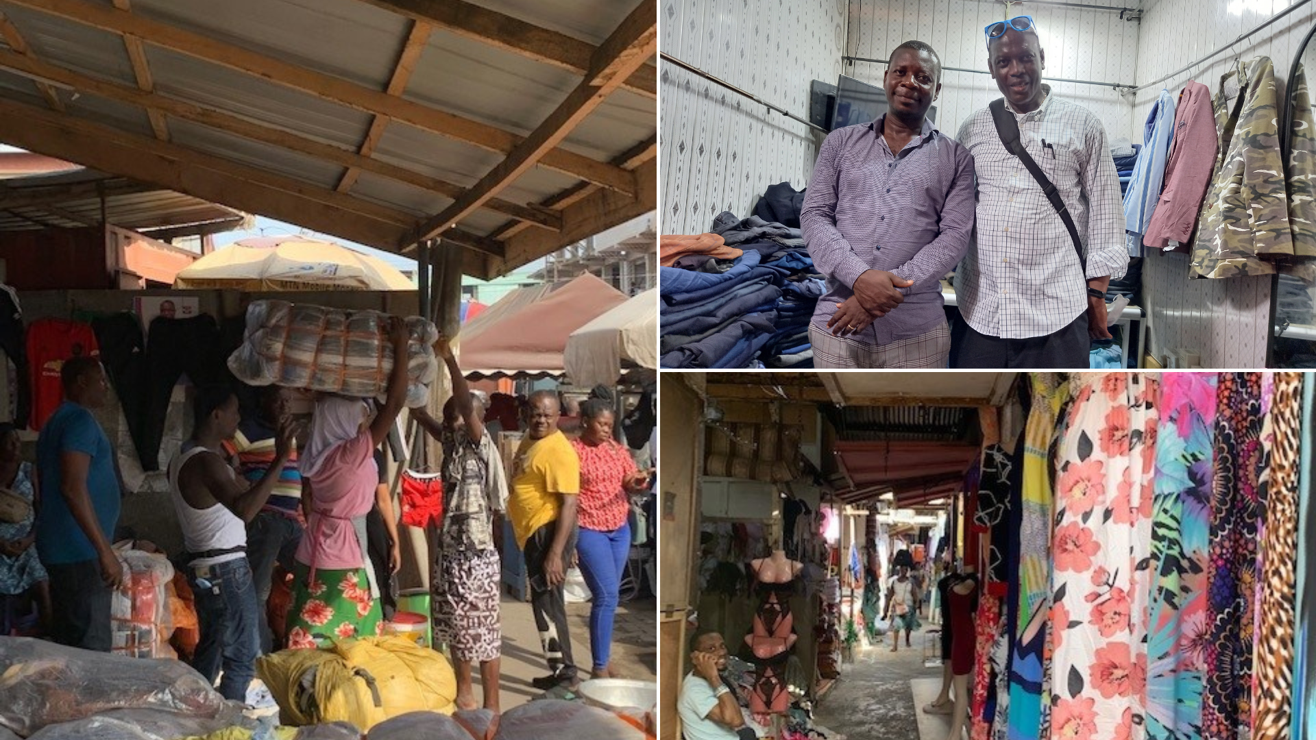 Used clothing bundles and selling used clothes in Accra’s bustling Kantamanto Market.