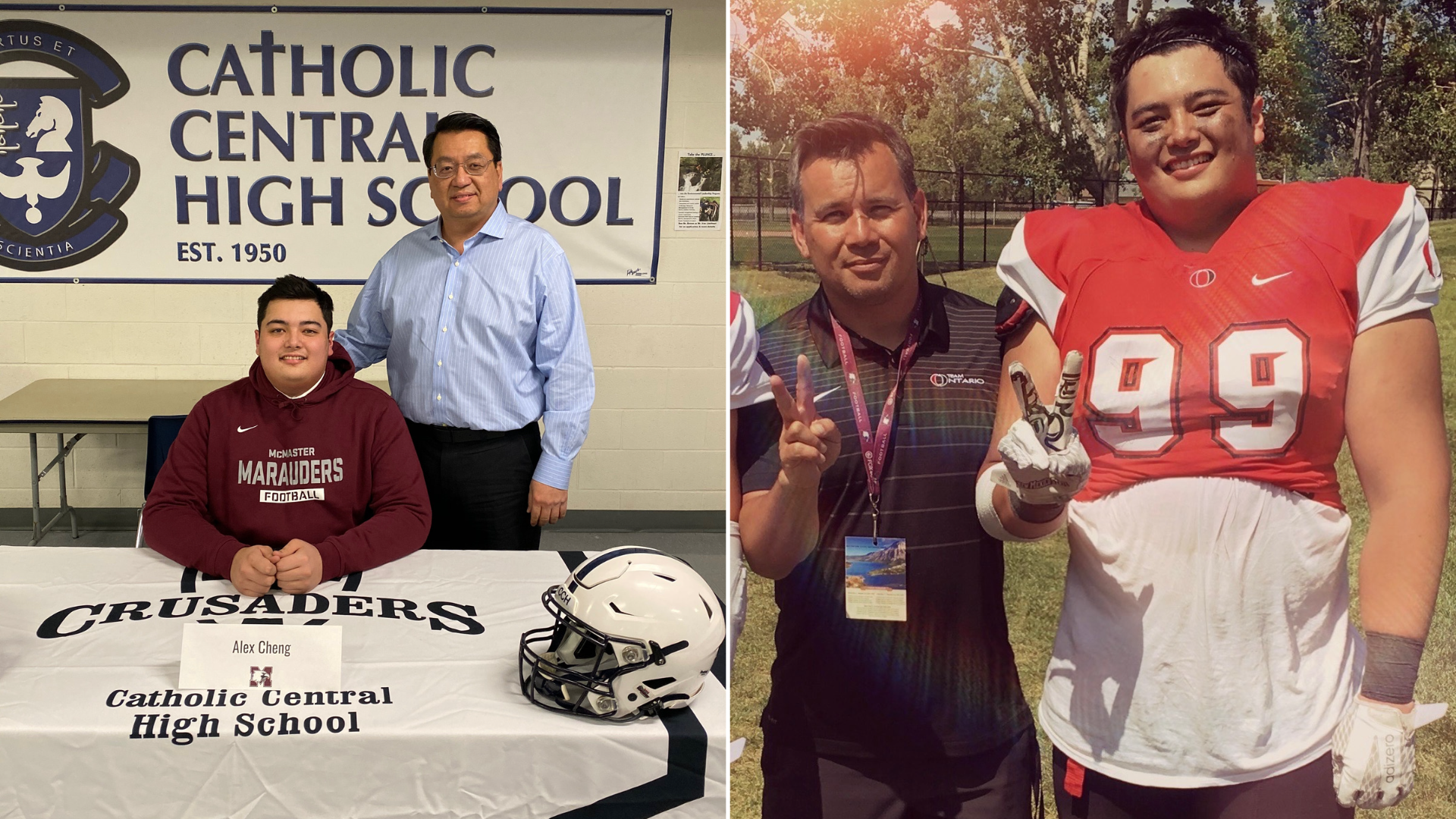 Alex and his dad, and Alex with McMaster coach