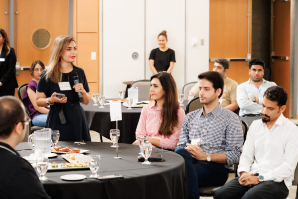 September 12, 2023; Hamilton, Ontario, Canada; DeGroote School of Business PhD Orientation and Welcome Lunch at CIBC Hall in the McMaster University Student Centre at McMaster University. Photo by Ron Scheffler for McMaster University.