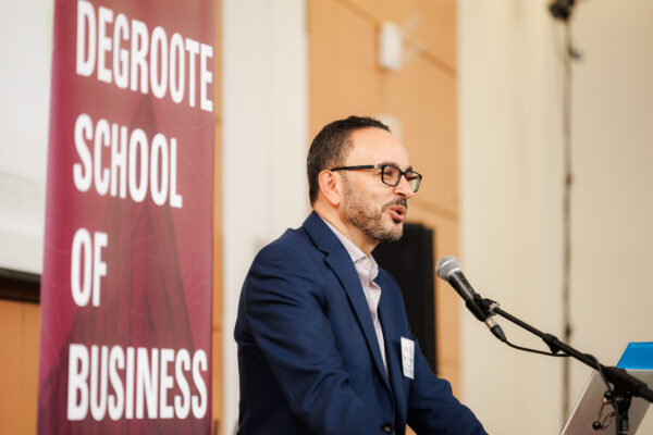 September 12, 2023; Hamilton, Ontario, Canada; DeGroote School of Business PhD Orientation and Welcome Lunch at CIBC Hall in the McMaster University Student Centre at McMaster University. Photo by Ron Scheffler for McMaster University.