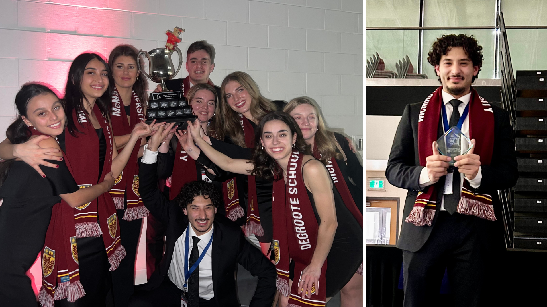 DeGroote students hold up trophy for School of the Year.