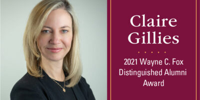 Photo of DeGroote School of Business alumna Claire Gillies looking forward with a grey background and text that reads "Claire Gillies, Class of MBA '01, 2021 Wayne C. Fox Distinguished Alumni Award"