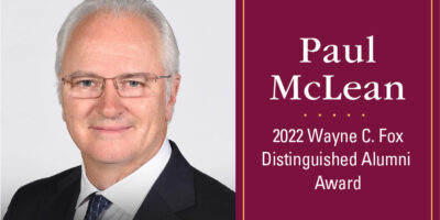 Photo of DeGroote School of Business alumnus Paul McLean looking forward with a grey background and text that reads "Paul McLean, Class of MBA '81, 2022 Wayne C. Fox Distinguished Alumni Award"